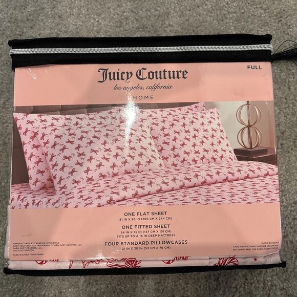 Juicy Couture FULL Pink Red Candy Cane Bows 6pc Sheet Set Coquette Christmas NEW - Picture 3 of 4